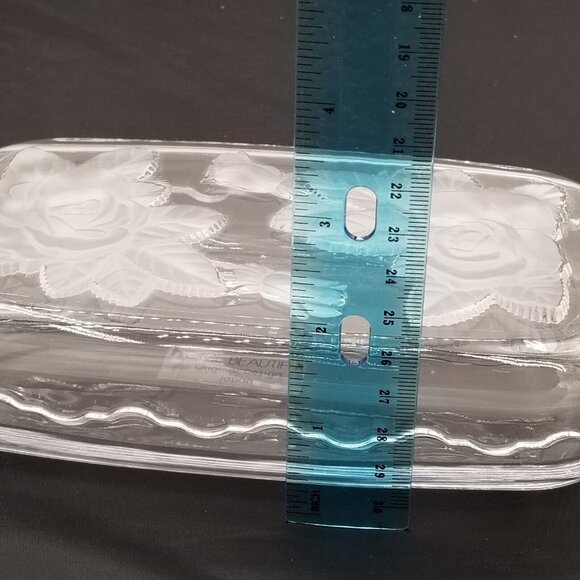 Home Beautiful Crystal Glass Rectangular Dish Frosted Roses Lid Trinket Japan - Picture 11 of 11